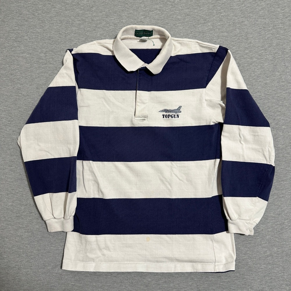 Vintage Outer Banks Top Gun Rugby Shirt Navy White Striped Mens Medium